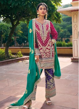 Fuchsia and Purple Embroidered Work Designer Straight Salwar Kameez