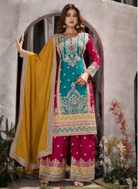 Fuchsia and Teal Embroidered Work Palazzo Designer Salwar Suit