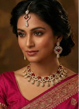 Fuchsia and White Stone Work Alloy Gold Rodium Polish Necklace Set