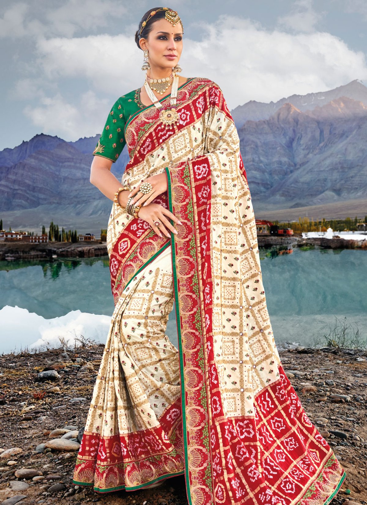 Gaji Silk Cream and Red Designer Contemporary Style Saree For Bridal Cream Fashionwebz