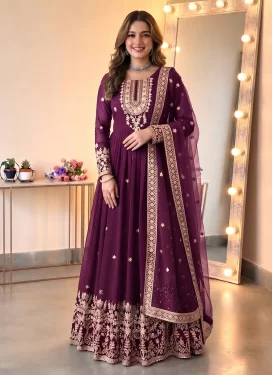 Georgette Anarkali Suit in Purple with Embroidered Work for Festival