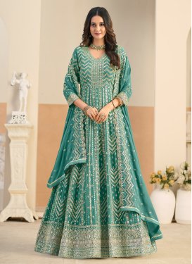 Georgette Anarkali Suit in Sea Green with Embroidered Work for Party
