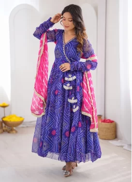 Georgette Anarkali Suit with Bandhani Print Work in Blue for Festival