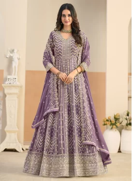 Georgette Anarkali Suit with Embroidered Work for Ceremonial in Violet