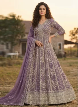 Georgette Anarkali Suit with Embroidered Work for Festival in Violet