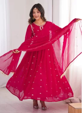 Georgette Anarkali Suit with Embroidered Work for Women in Rose Pink