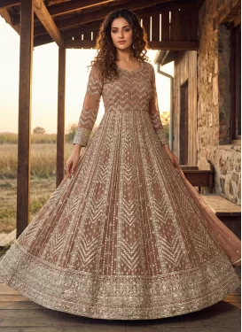 Georgette Anarkali Suit with Embroidered Work in Brown