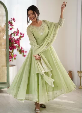 Georgette Anarkali Suit with Embroidered Work in Mint Green