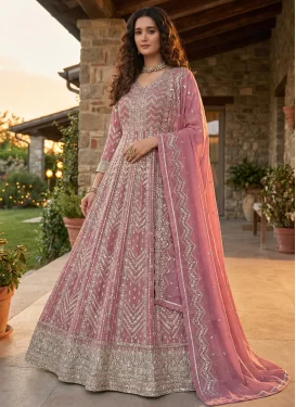 Georgette Anarkali Suit with Embroidered Work in Pink for Festival