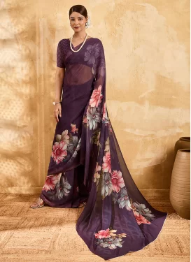 Georgette Classic Saree in Purple with Digital Print Work for Women