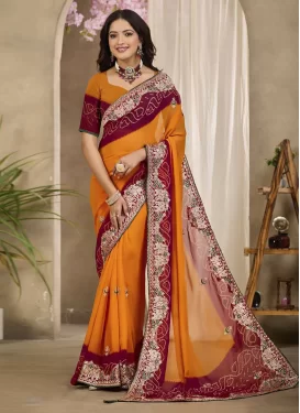 Georgette Classic Saree with Bandhani Print Work for Casual in Maroon and Orange