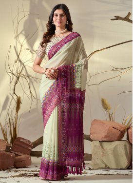 Georgette Classic Saree with Digital Print Work in Cream and Purple for Casual