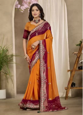 Georgette Classic Saree with Embroidered Work for Casual in Maroon and Orange