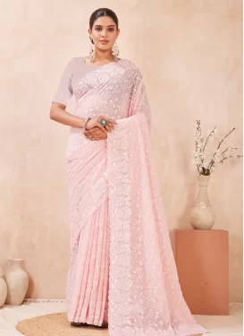 Georgette Classic Saree with Embroidered Work for Festival in Pink