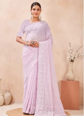 Georgette Classic Saree with Embroidered Work in Lavender