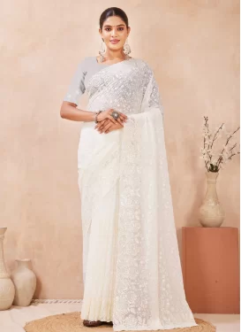 Georgette Classic Saree with Embroidered Work in Off White for Festival