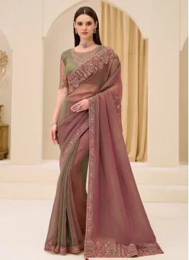 Georgette Classic Saree with Embroidered Work in Olive and Salmon for Party