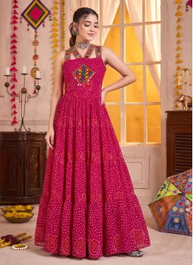 Georgette Designer Gown in Rose Pink with Bandhani Print Work for Women