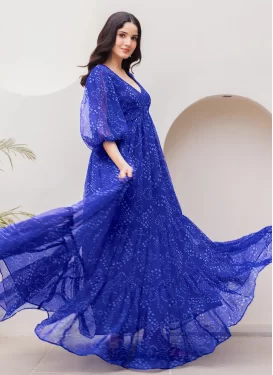 Georgette Designer Gown with Bandhani Print Work in Blue for Ceremonial