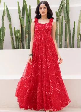 Georgette Designer Gown with Digital Print Work in Red