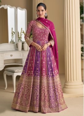 Georgette Designer Gown with Embroidered Work in Purple and Rose Pink