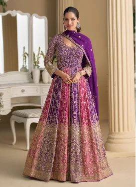 Georgette Designer Gown with Embroidered Work in Purple and Rose Pink for Festival