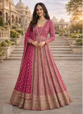 Georgette Designer Gown with Embroidered Work in Rose Pink