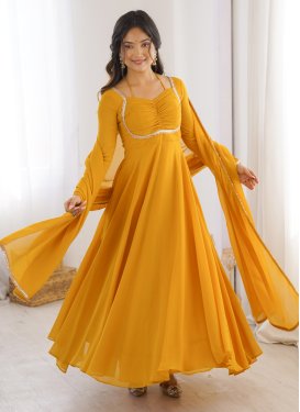 Georgette Designer Gown with Lace Work for Women in Mustard