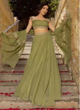 Georgette Designer Lehenga Choli with Resham Work for Women in Olive