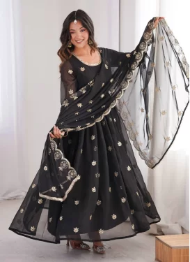 Georgette Embroidered Work Anarkali Suit in Black