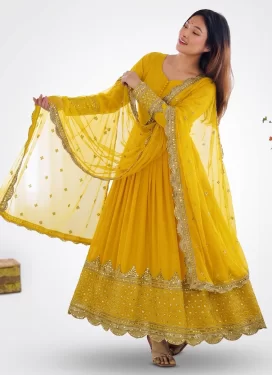 Georgette Embroidered Work Designer Gown in Yellow