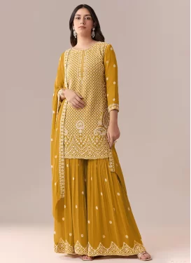 Georgette Embroidered Work Palazzo Suit in Mustard
