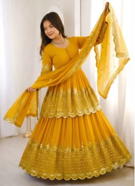 Georgette Embroidered Work Readymade Salwar Suit in Mustard