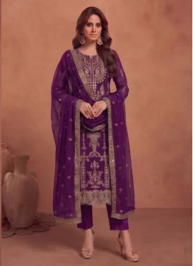 Georgette Embroidered Work Straight Suit in Purple