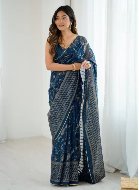 Georgette Foil Print Work Classic Saree in Teal