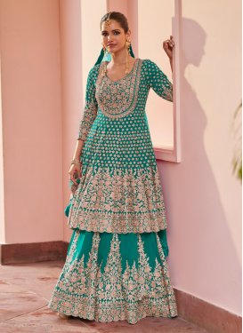 Georgette Kameez Style Lehenga Choli with Embroidered Work for Festival in Aqua Blue