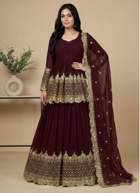Georgette Kameez Style Lehenga Choli with Embroidered Work for Festival in Maroon