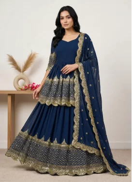 Georgette Kameez Style Lehenga Choli with Embroidered Work in Navy Blue