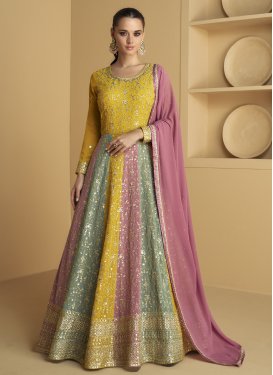 Georgette Mustard and Pink Readymade Anarkali Salwar Suit