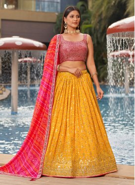 Georgette Mustard and Rose Pink Embroidered Work A Line Lehenga Choli
