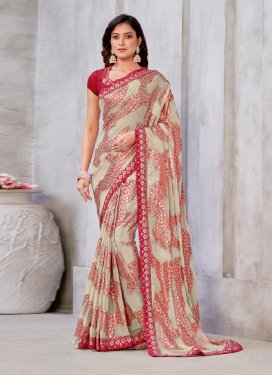 Georgette Off White and Red Mirror Work Designer Contemporary Style Saree