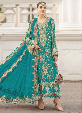 Georgette Pakistani Suit in Aqua Blue with Embroidered Work for Ceremonial