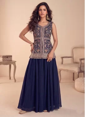 Georgette Palazzo Suit in Navy Blue with Embroidered Work for Women