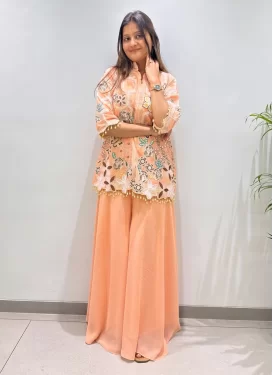 Georgette Palazzo Suit in Peach with Embroidered Work for Festival
