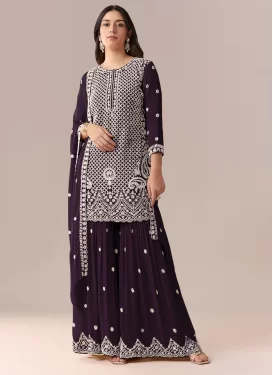 Georgette Palazzo Suit in Wine with Embroidered Work for Ceremonial