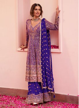Georgette Palazzo Suit with Embroidered Work for Festival in Blue
