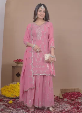 Georgette Palazzo Suit with Embroidered Work for Festival in Pink