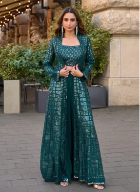 Georgette Palazzo Suit with Embroidered Work for Festival in Teal