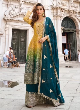 Georgette Palazzo Suit with Embroidered Work for Party in Teal and Yellow