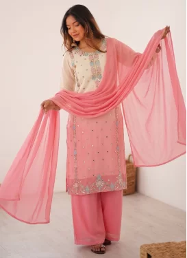 Georgette Palazzo Suit with Embroidered Work for Women in Cream and Hot Pink